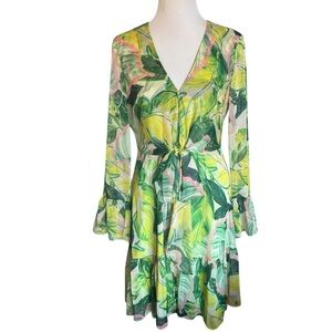Alex Marie Green and Yellow Leaf Print Long Sleeve Dress